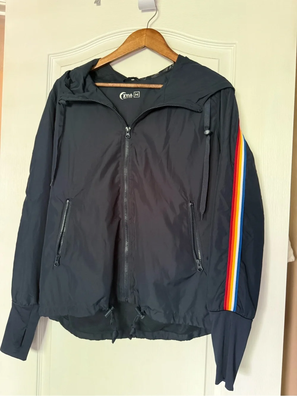 ZYIA Navy Rainbow Bomber Jacket - Hooded Windbreaker with Rainbow Sleeve Stripe - Picture 2 of 5